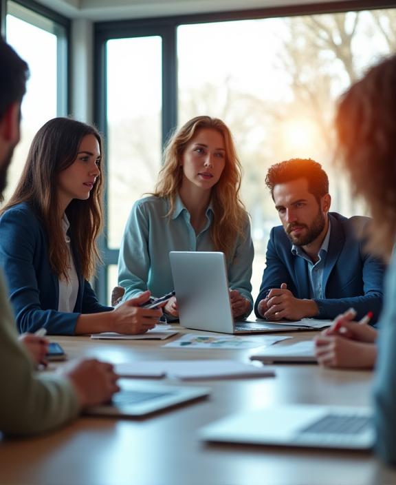 A diverse team of professionals collaborating around a table in a modern office.