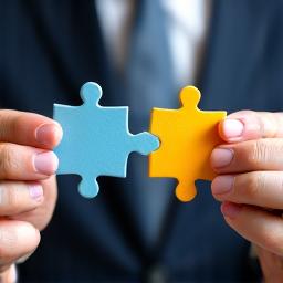 Two hands connecting puzzle pieces together.