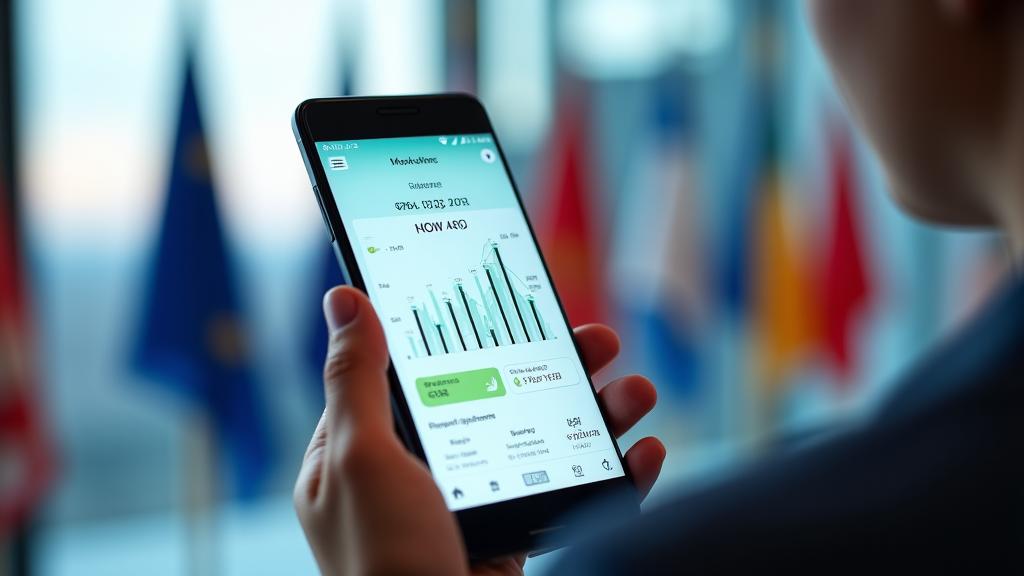 A smartphone screen displaying a sleek financial app with European flags in the background.