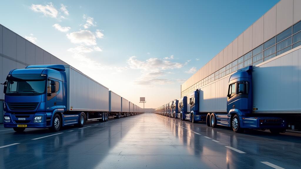 A fleet of delivery trucks at a modern logistics hub.