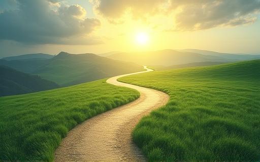 A path leading through a changing landscape from cloudy to sunny.