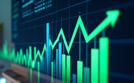 Upward trending financial charts and graphs on a screen.